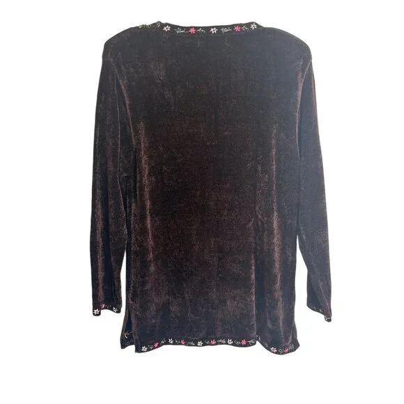 Vtg Brown Chenille Cardigan Sz L • Beaded Embroidery Sparkle Cottagecore‎ Granny - Picture 3 of 9